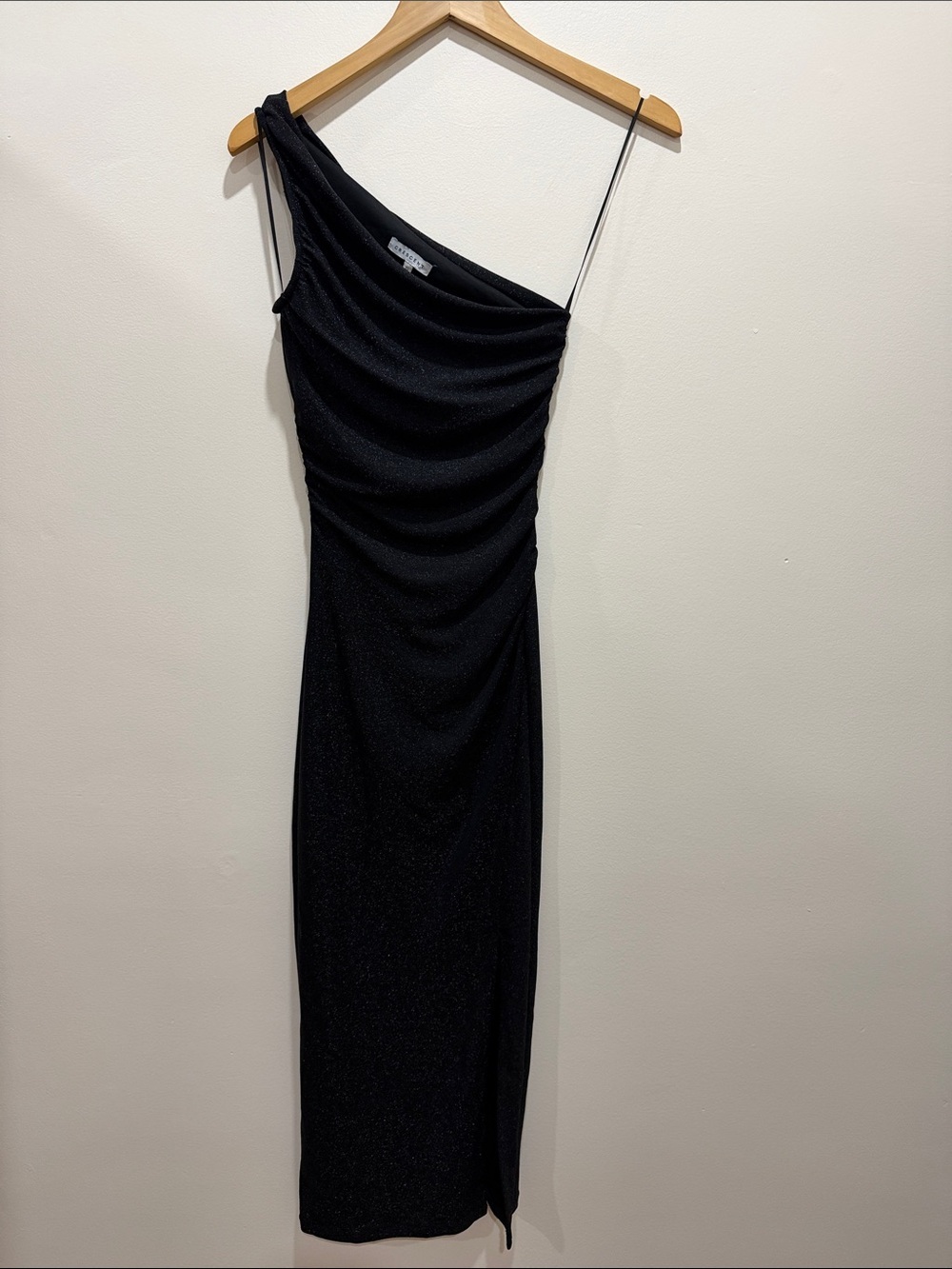 Revolve Crescent One-Shoulder Black Shimmer Evening Gown